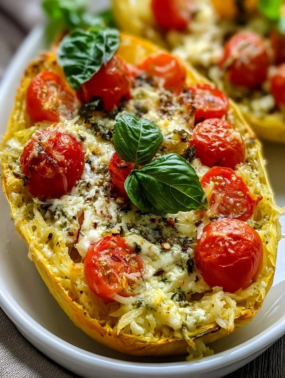 Baked feta spaghetti squash with tomatoes and pesto on a white plate