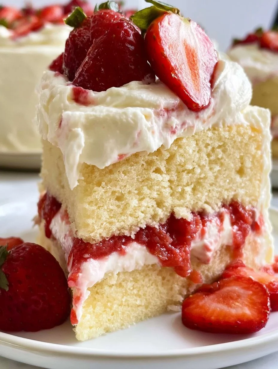 Deliciously layered Vanilla Strawberry Cake with fresh strawberries and cream