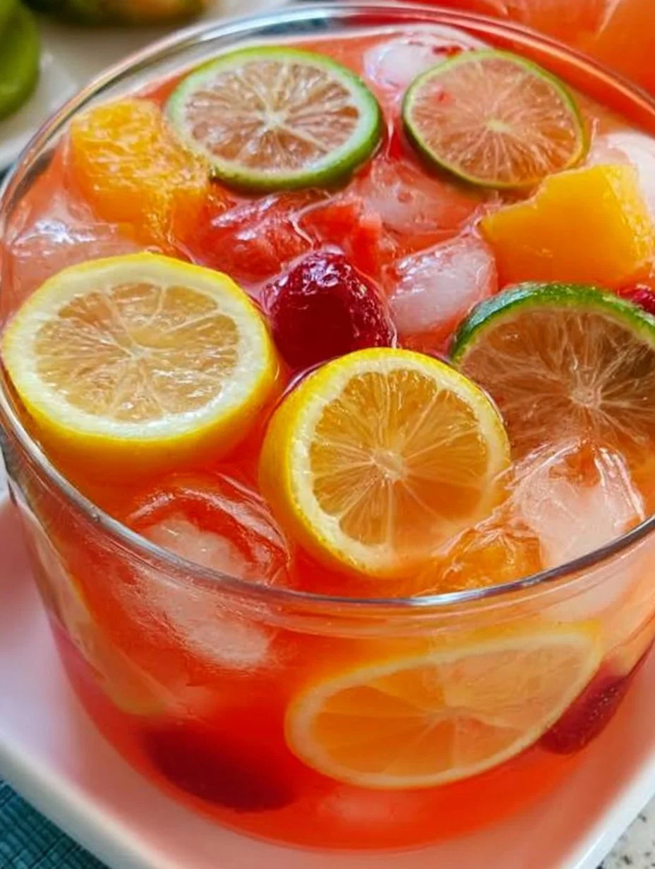 A vibrant bowl of vodka punch with fresh fruits and ice, perfect for parties.