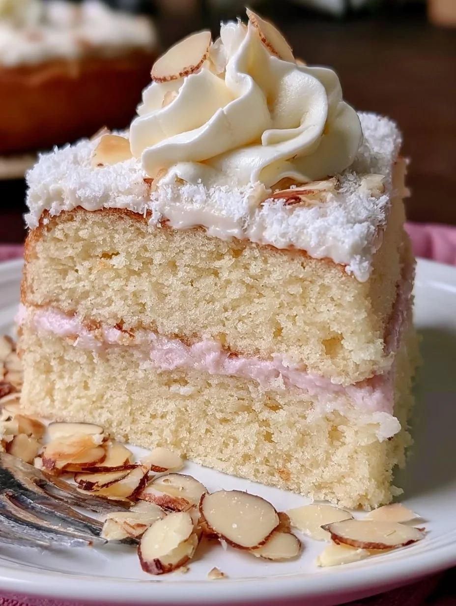 Deliciously moist White Almond Cake with a rich almond flavor and creamy frosting