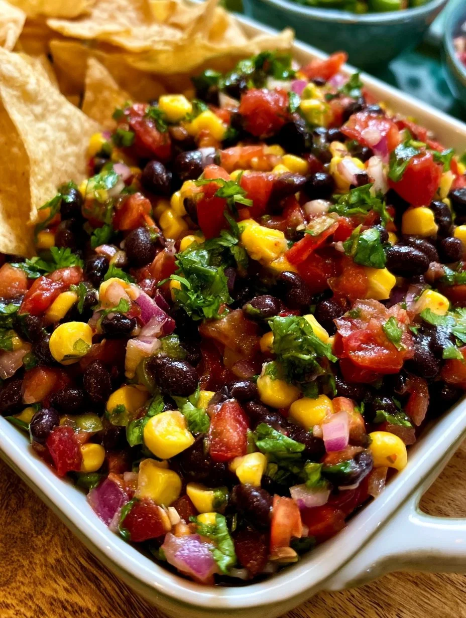 Zesty black bean salsa in a bowl with fresh vegetables and chips