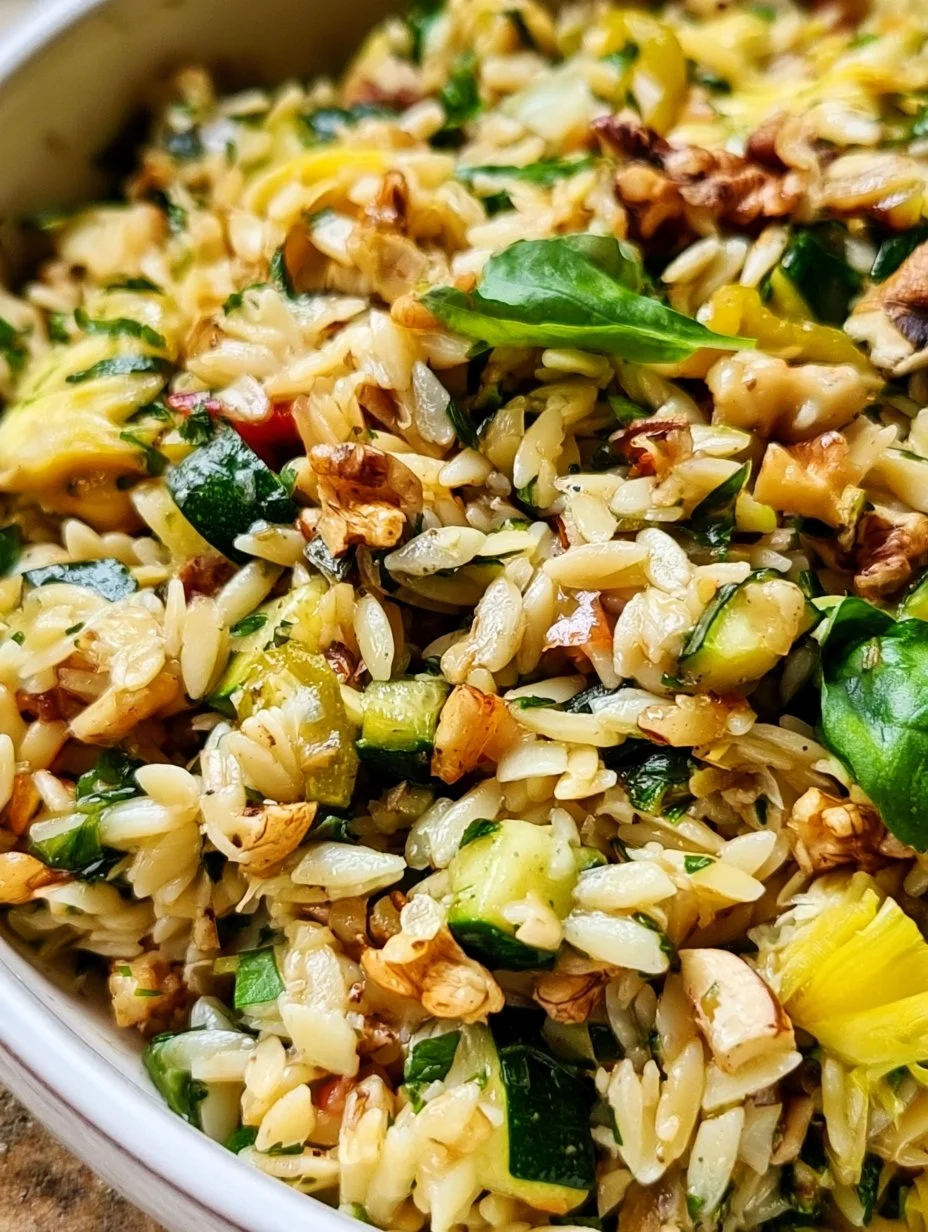 Zucchini orzo salad with toasted walnuts in a bowl