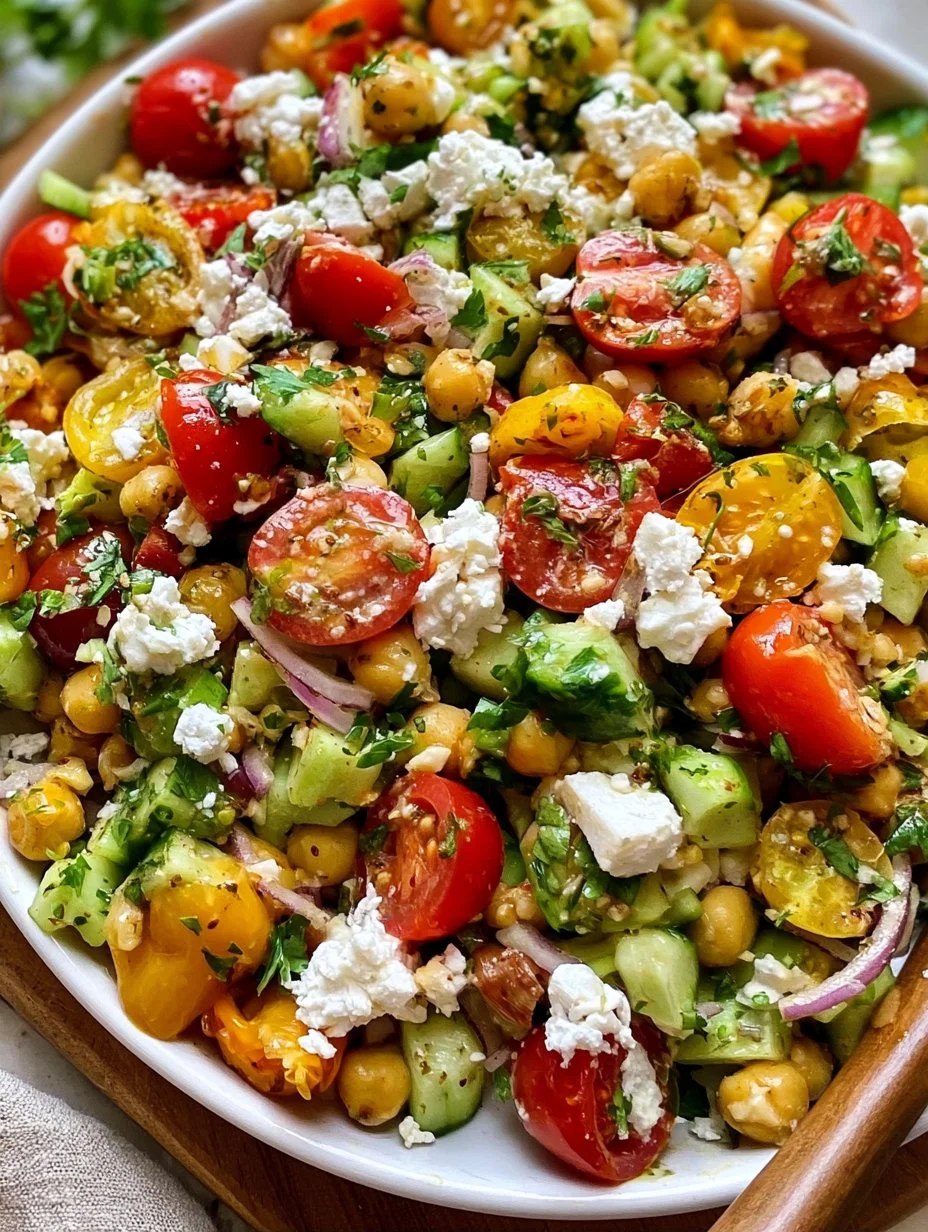 15 Minute Mediterranean Chickpea Salad with fresh vegetables and dressing