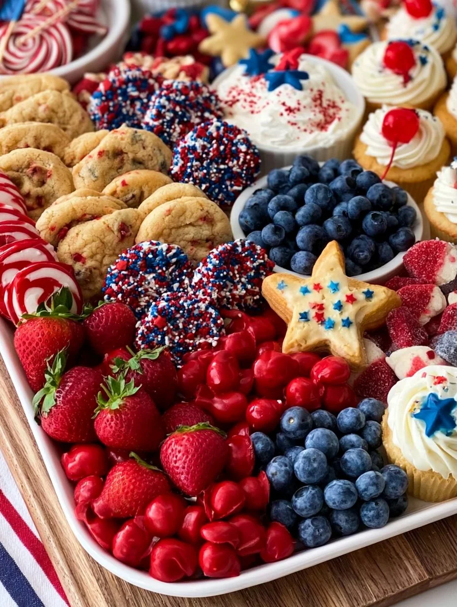 Colorful 4th of July Sweet Charcuterie Board with fruits, sweets, and festive decor.
