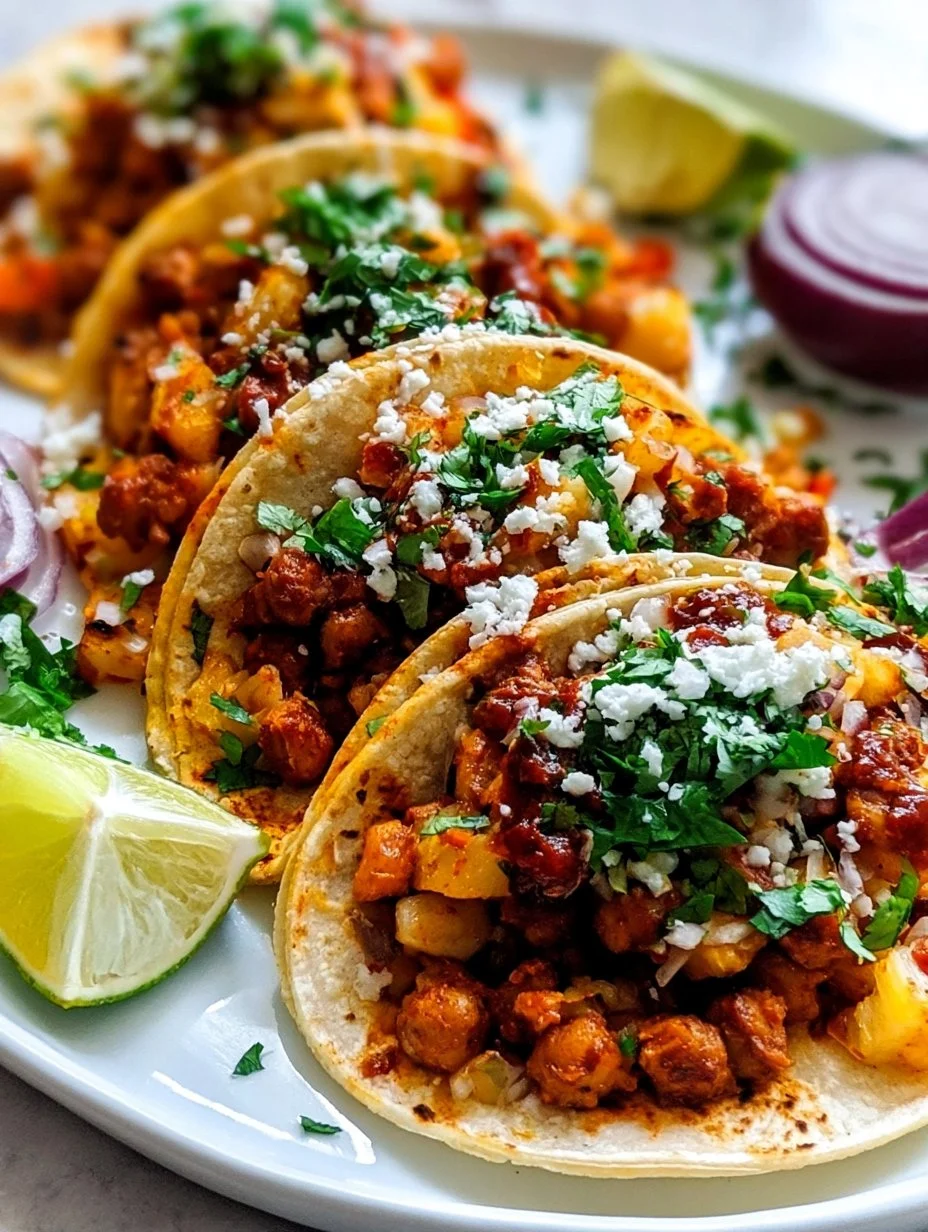 Al Pastor Chickpea Tacos topped with fresh cilantro and onion on a plate