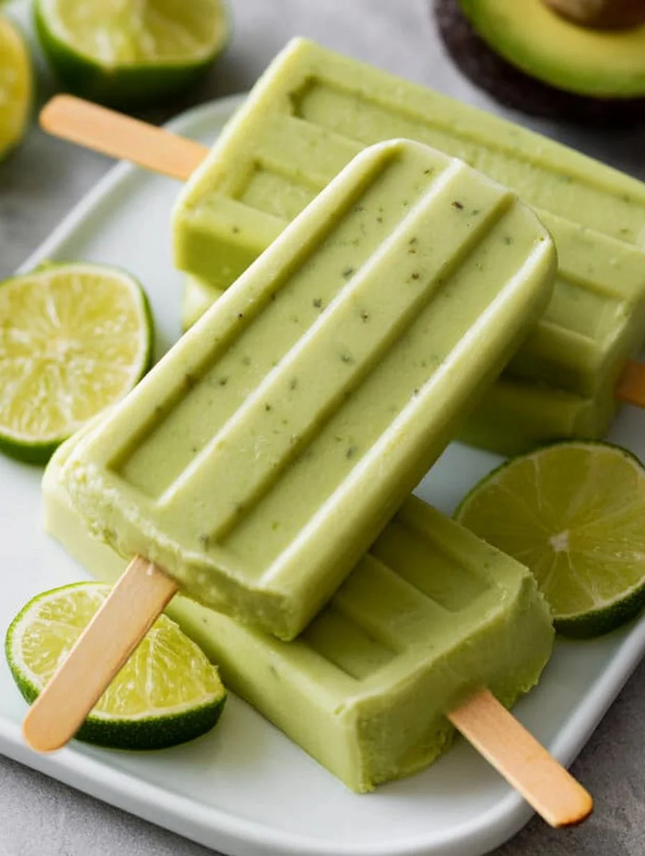 Delicious avocado lime popsicles on a wooden table