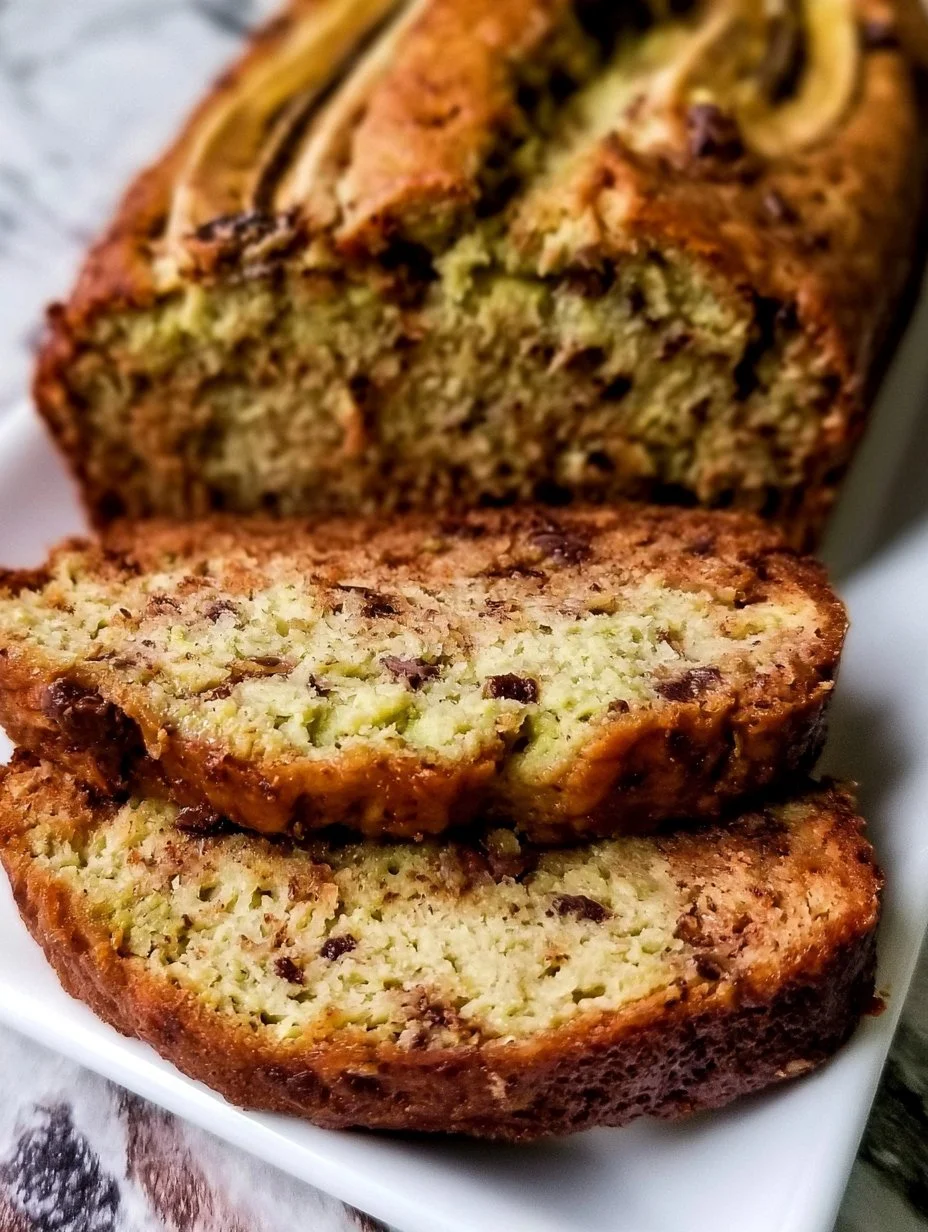 Delicious slice of banana avocado bread topped with nuts and served on a wooden board