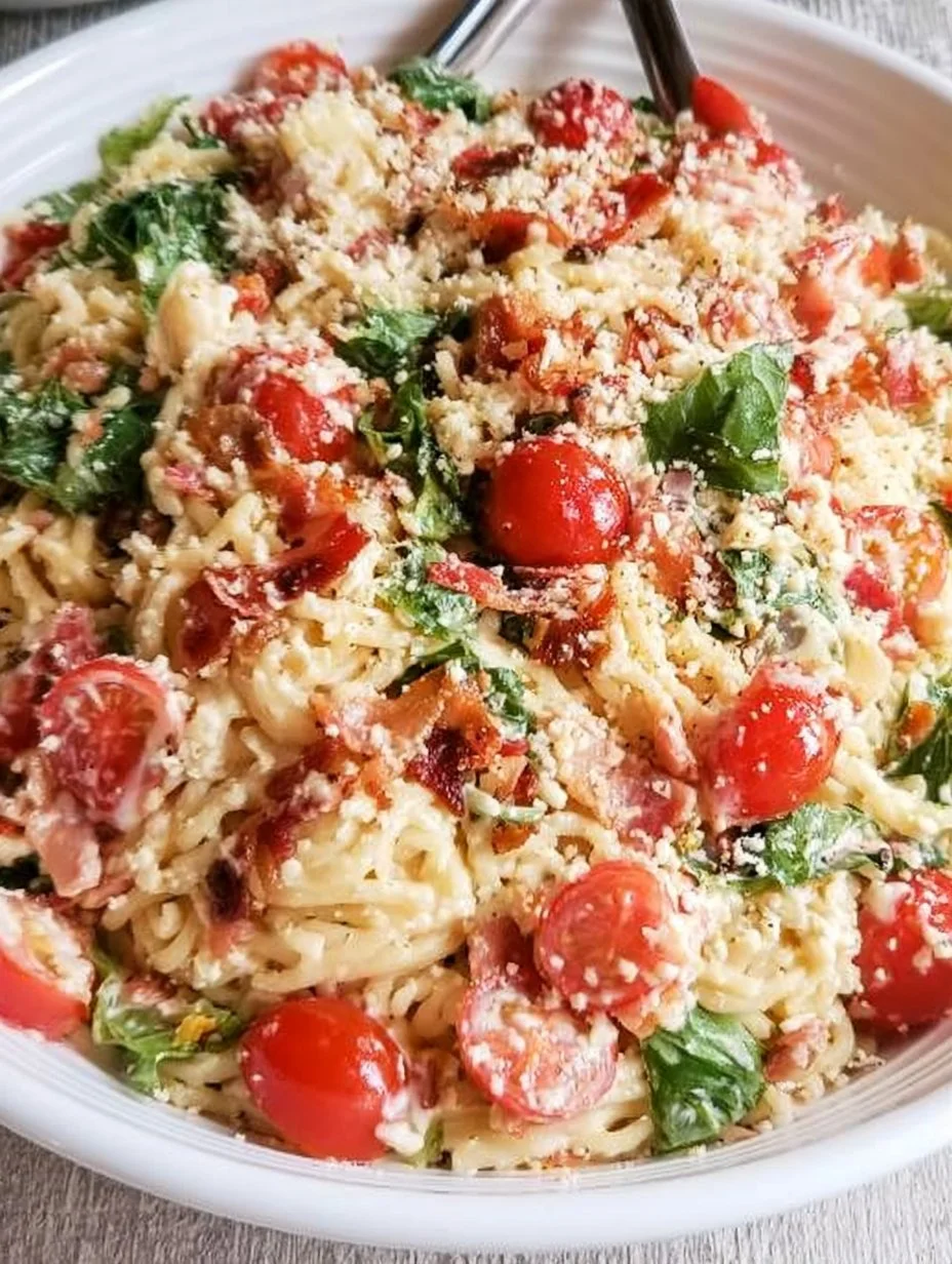 Delicious bowl of BLT Pasta topped with crispy bacon and fresh ingredients