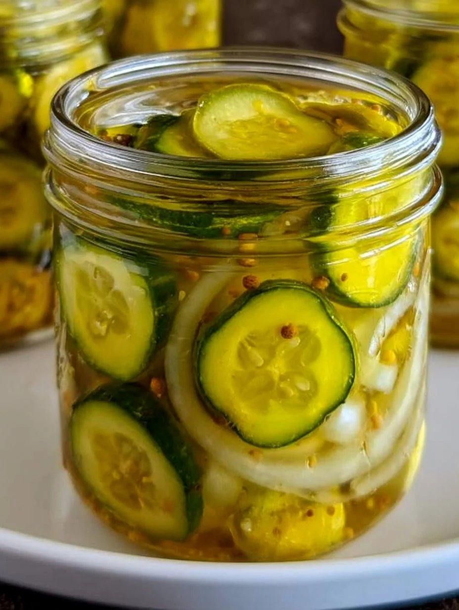 Homemade jars of sweet Bread-and-Butter Pickles on a wooden table