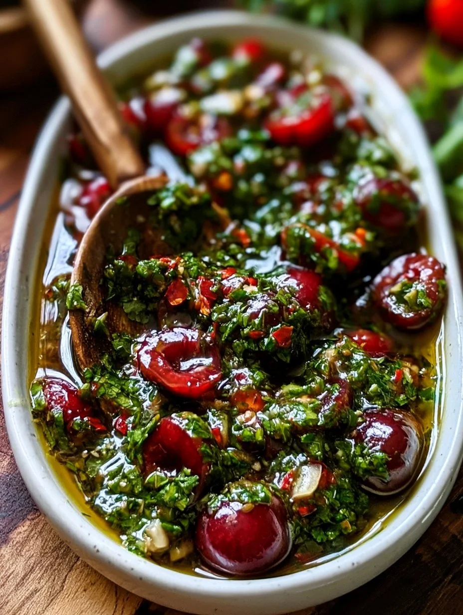 A bowl of Cherry Chimichurri sauce garnished with fresh herbs and cherries.