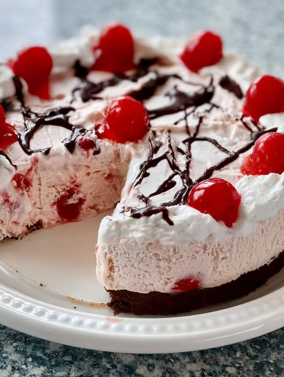 Delicious Cherry Ice Cream Pie topped with fresh cherries and whipped cream