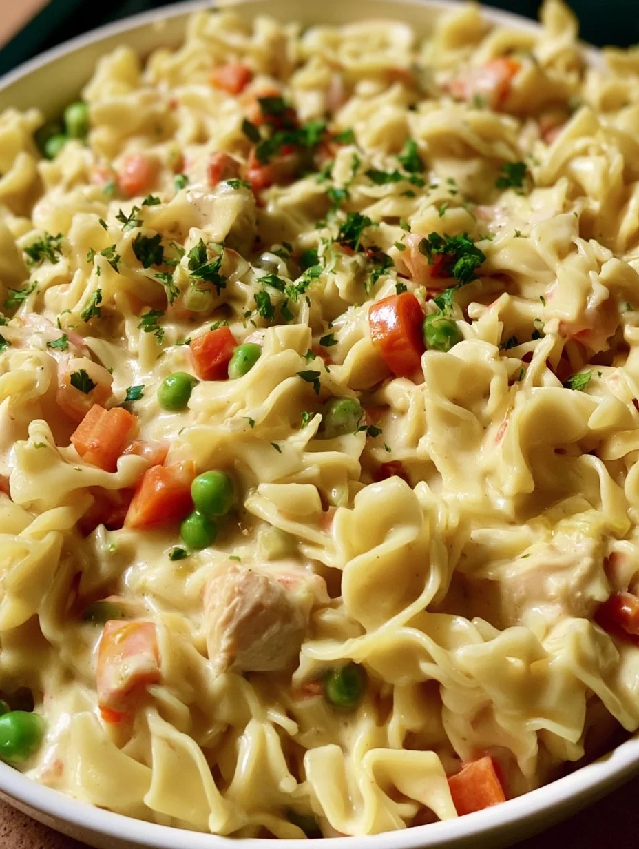 Delicious Chicken Pot Pie Noodles topped with herbs and served in a bowl