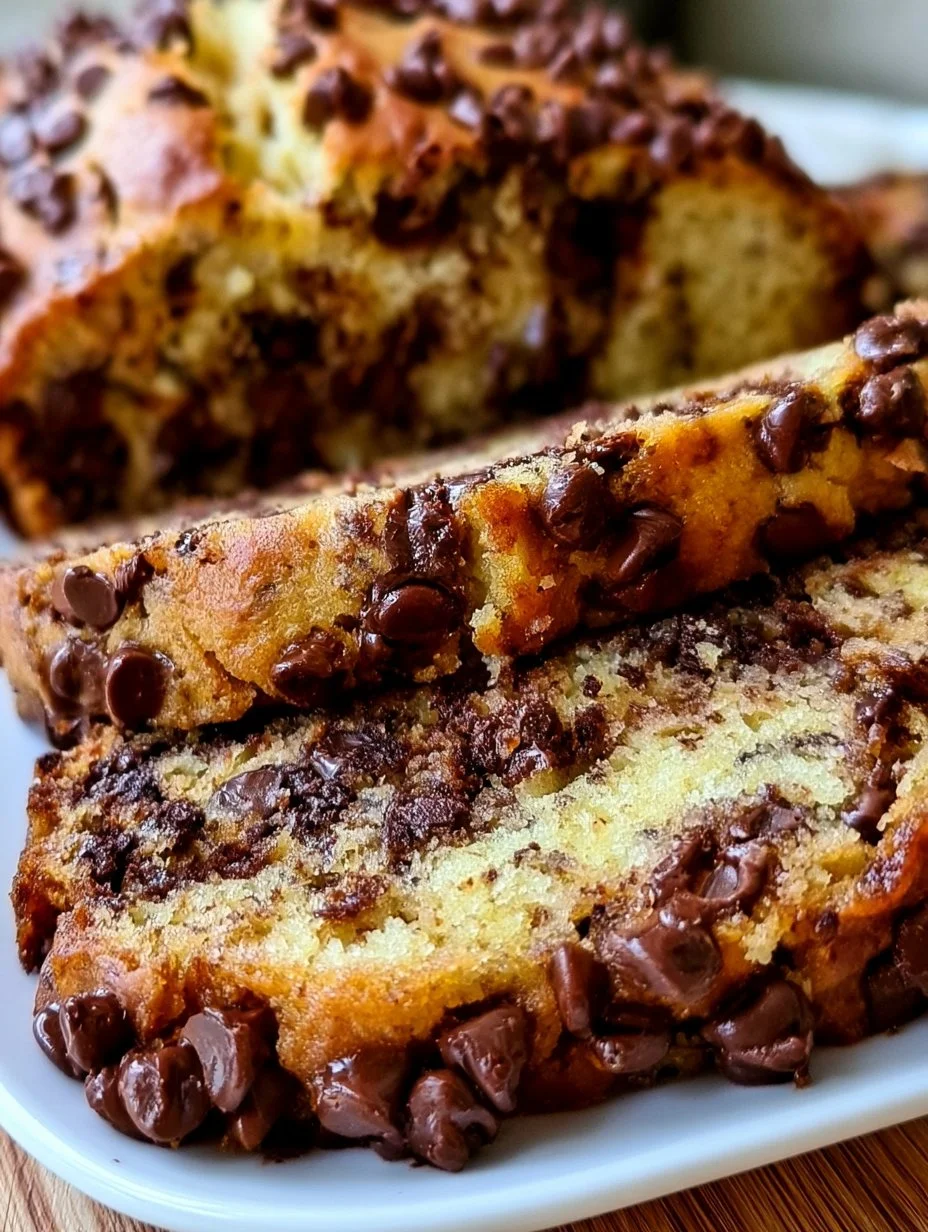 Deliciously baked chocolate chip banana bread on a wooden table.