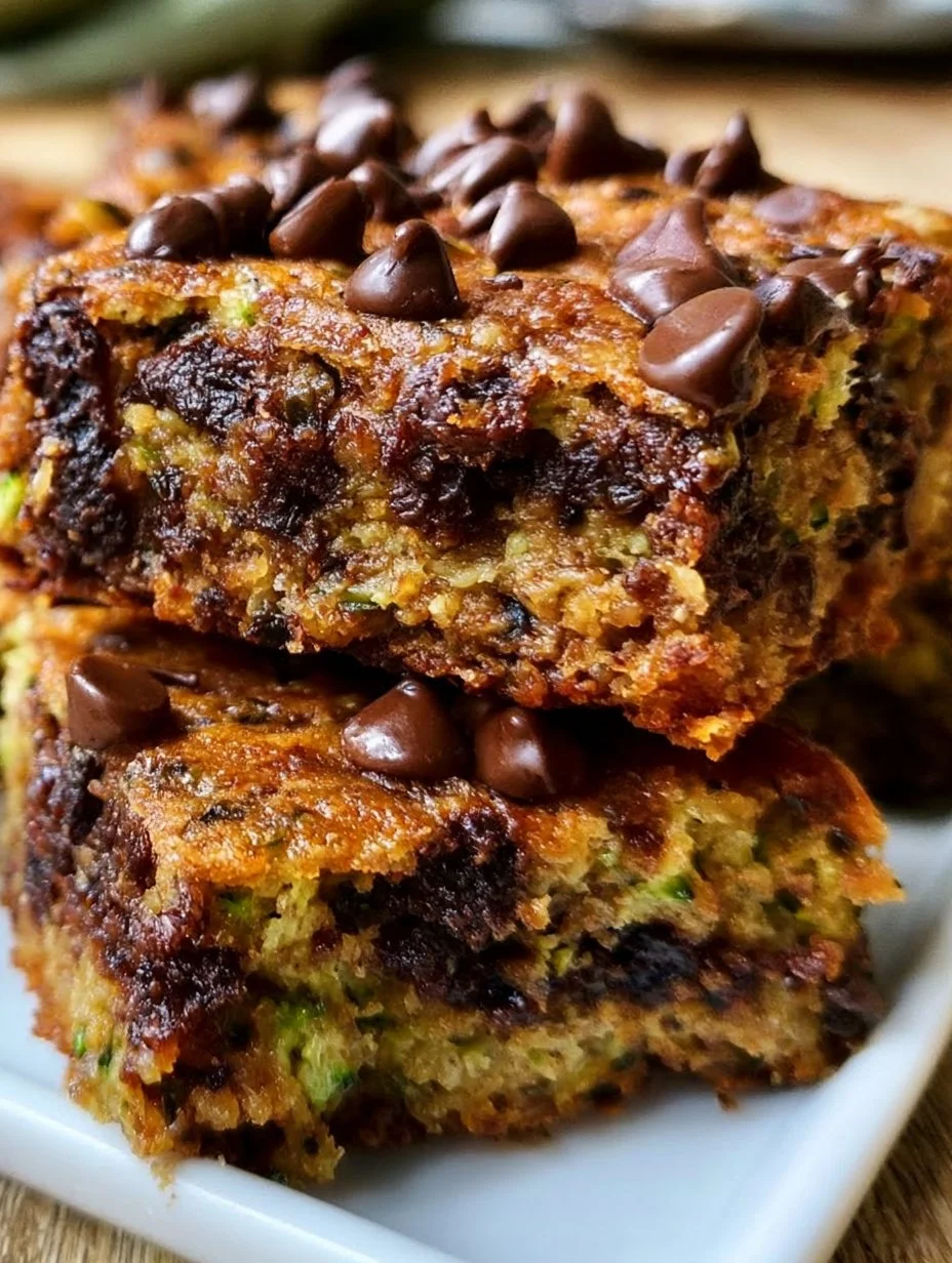 Chocolate chip zucchini bars freshly baked and served on a wooden plate.