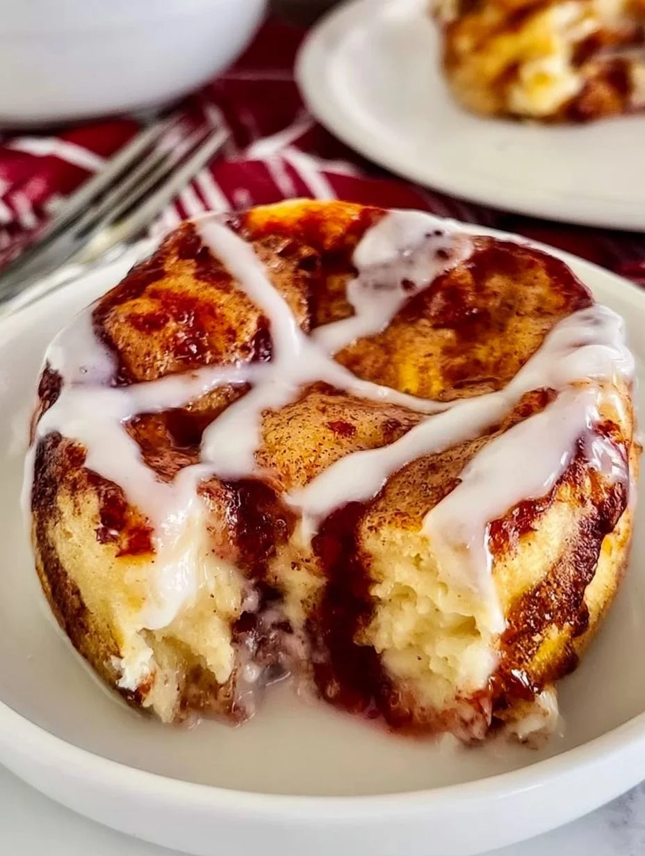 Delicious cinnamon roll cobbler topped with frosting and served in a dish