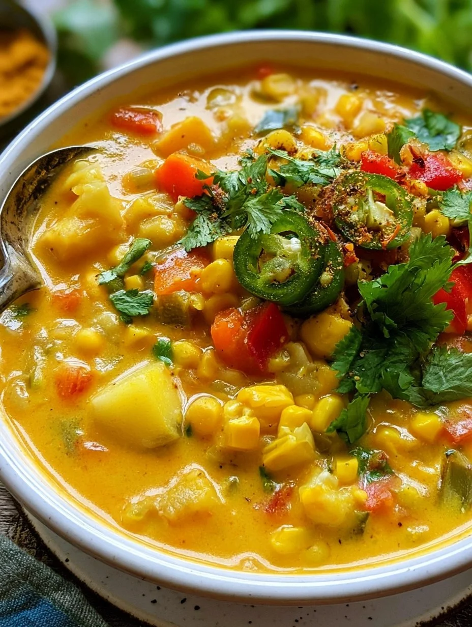 Bowl of Coconut Curry Corn Chowder topped with fresh herbs and spices