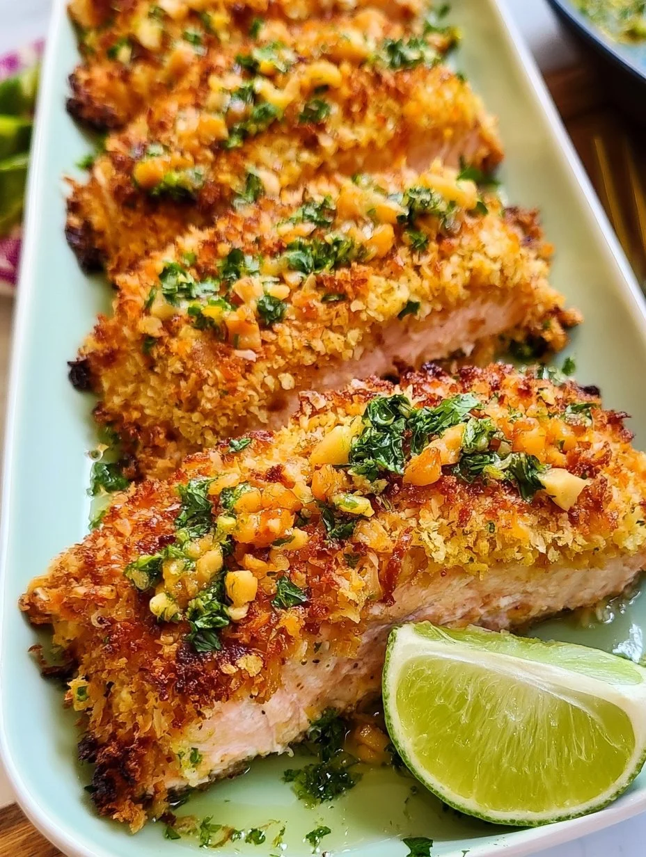 Coconut-Macadamia crusted salmon served with vegetables on a plate