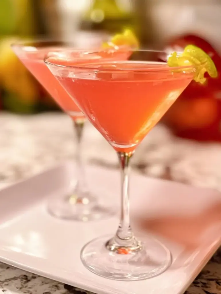 A vibrant Cosmopolitan cocktail served in a elegant glass with a lime garnish.