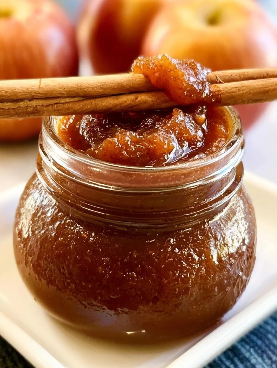 Homemade crockpot apple butter in a jar with apples and cinnamon sticks.