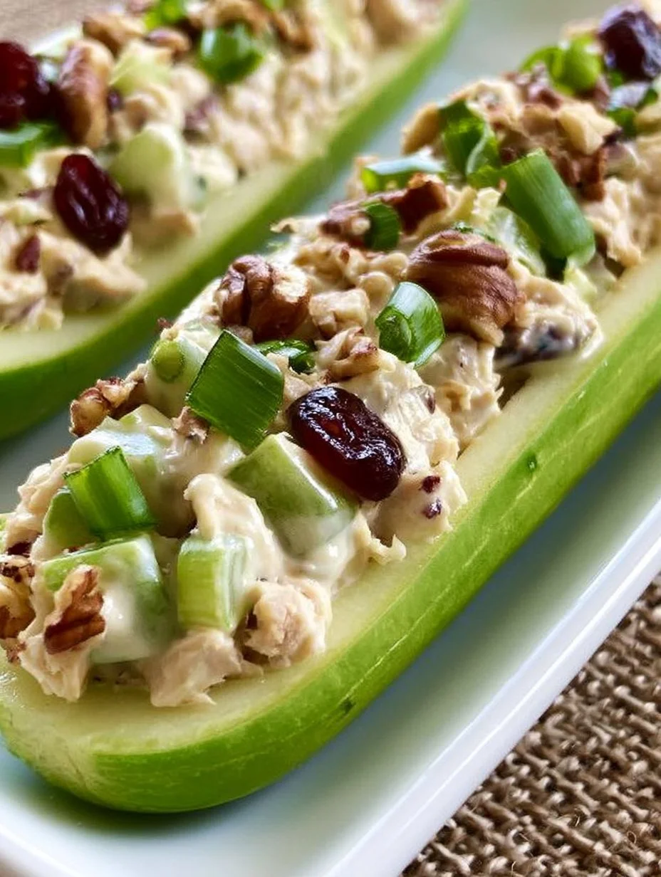 Cucumber boats filled with chicken salad, a healthy appetizer option.