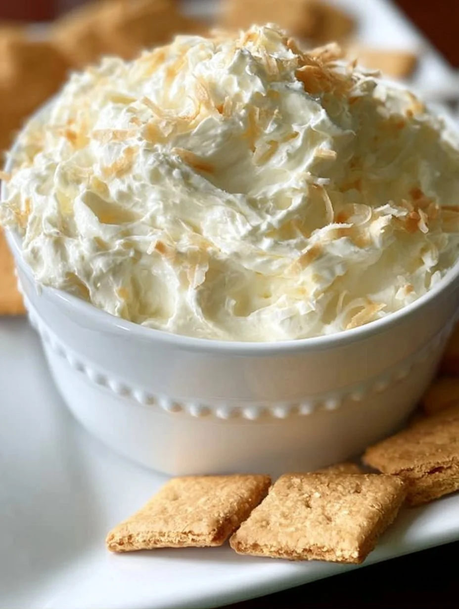 Delicious easy coconut cream pie dip served with graham crackers.