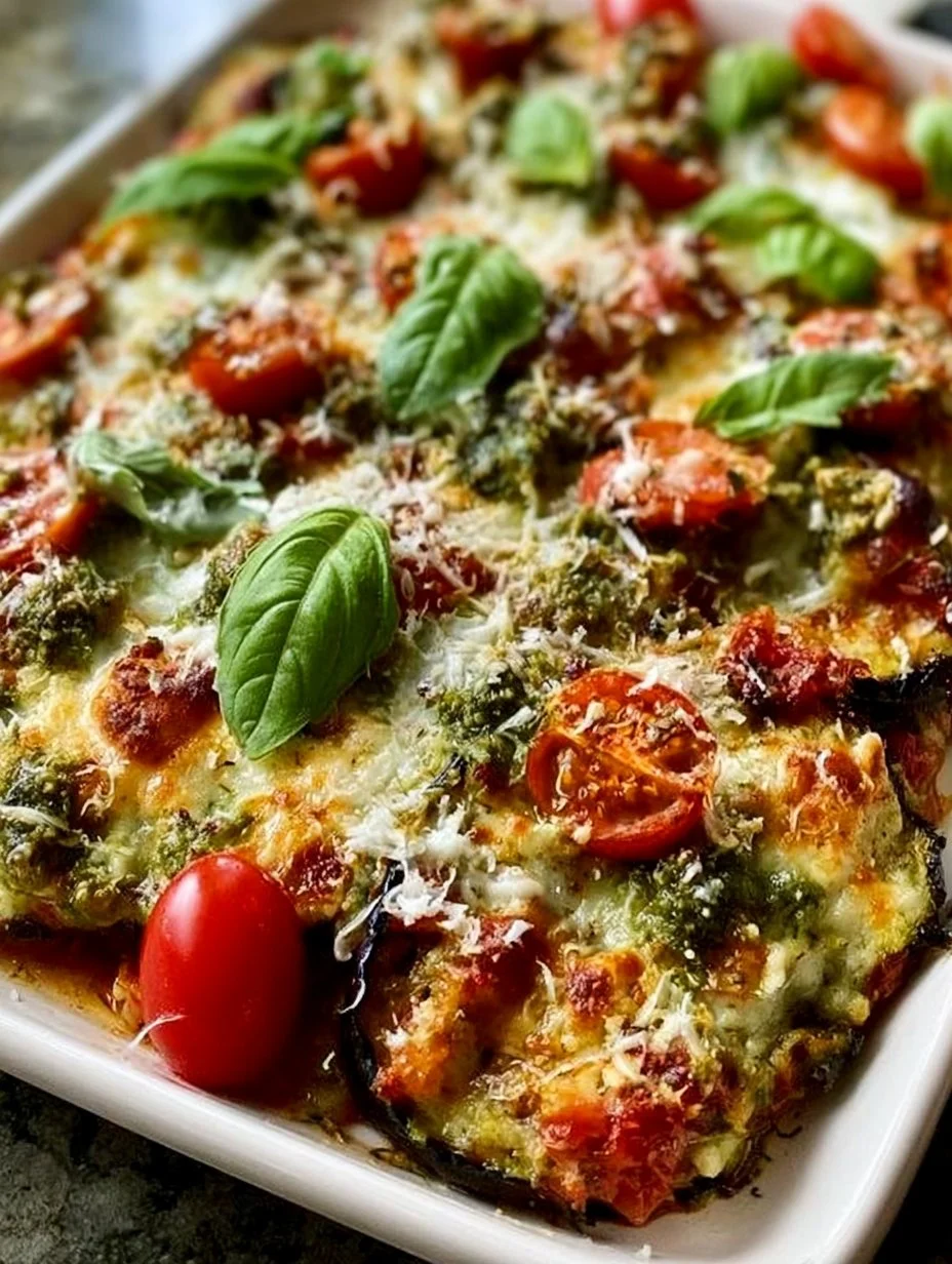 Eggplant zucchini lasagna layered with cheese and fresh vegetables