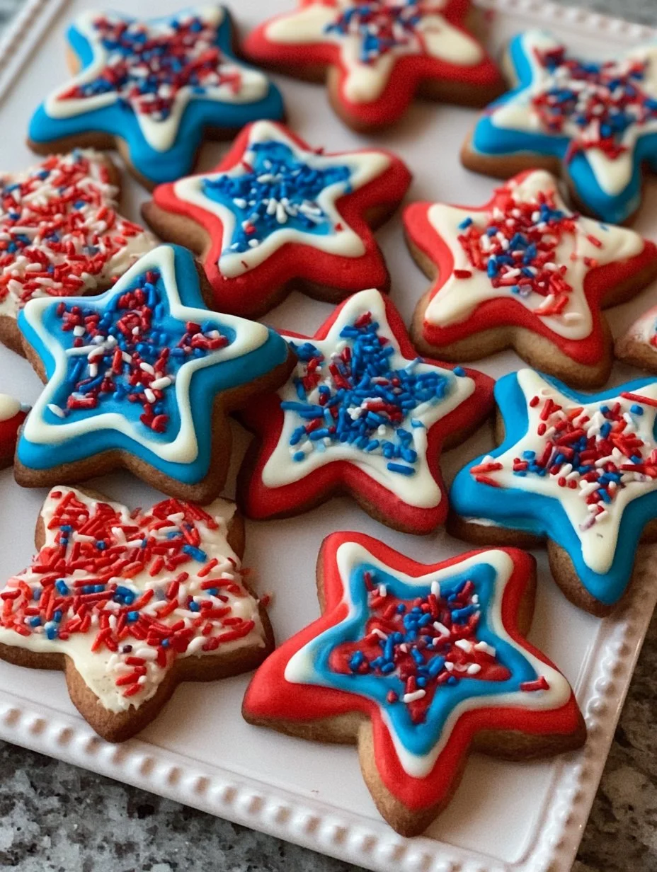Decorative Fourth of July cookies with red, white, and blue icing