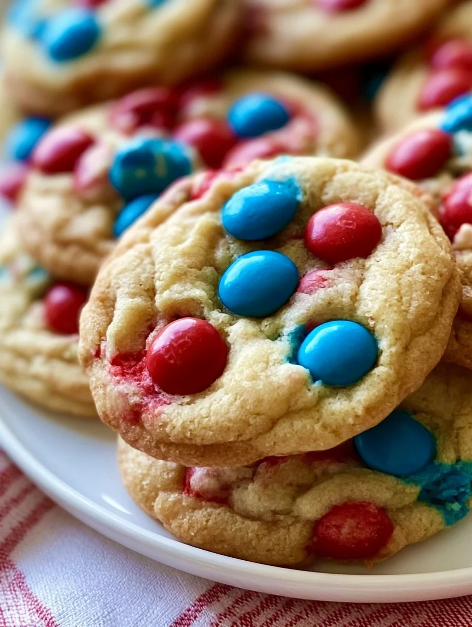 Festive Fourth of July M&M cookies with vibrant red, white, and blue colors