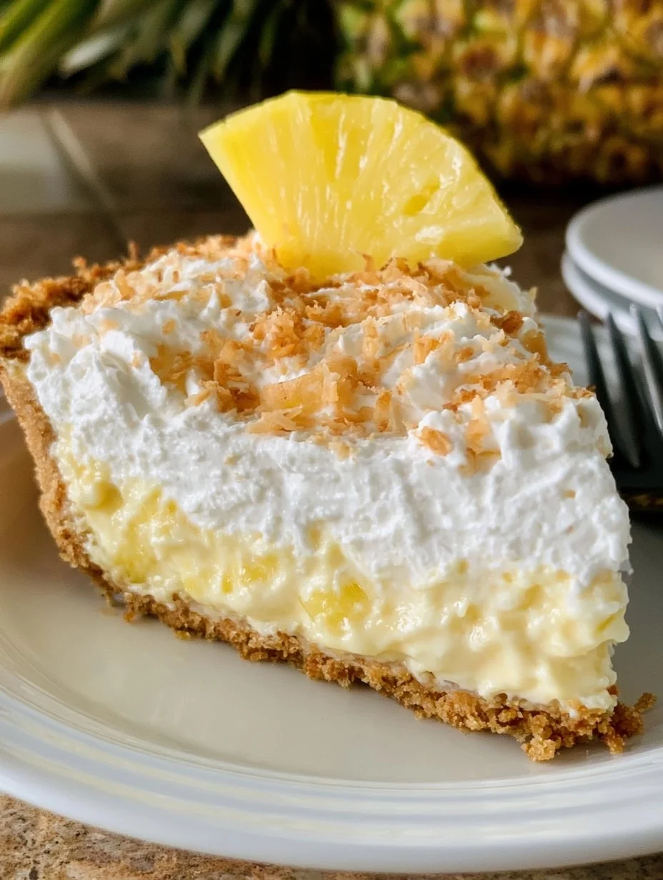 Delicious Frozen Pineapple Cream Pie topped with whipped cream and pineapple slices