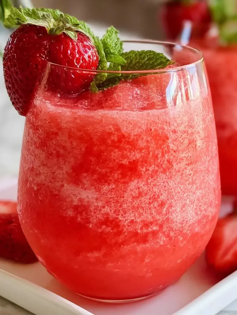 Delicious frozen strawberry frosé in a glass, garnished with fresh strawberries