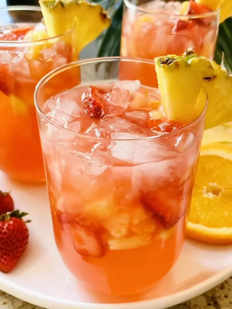 Homemade fruit punch in a glass with colorful fruit slices
