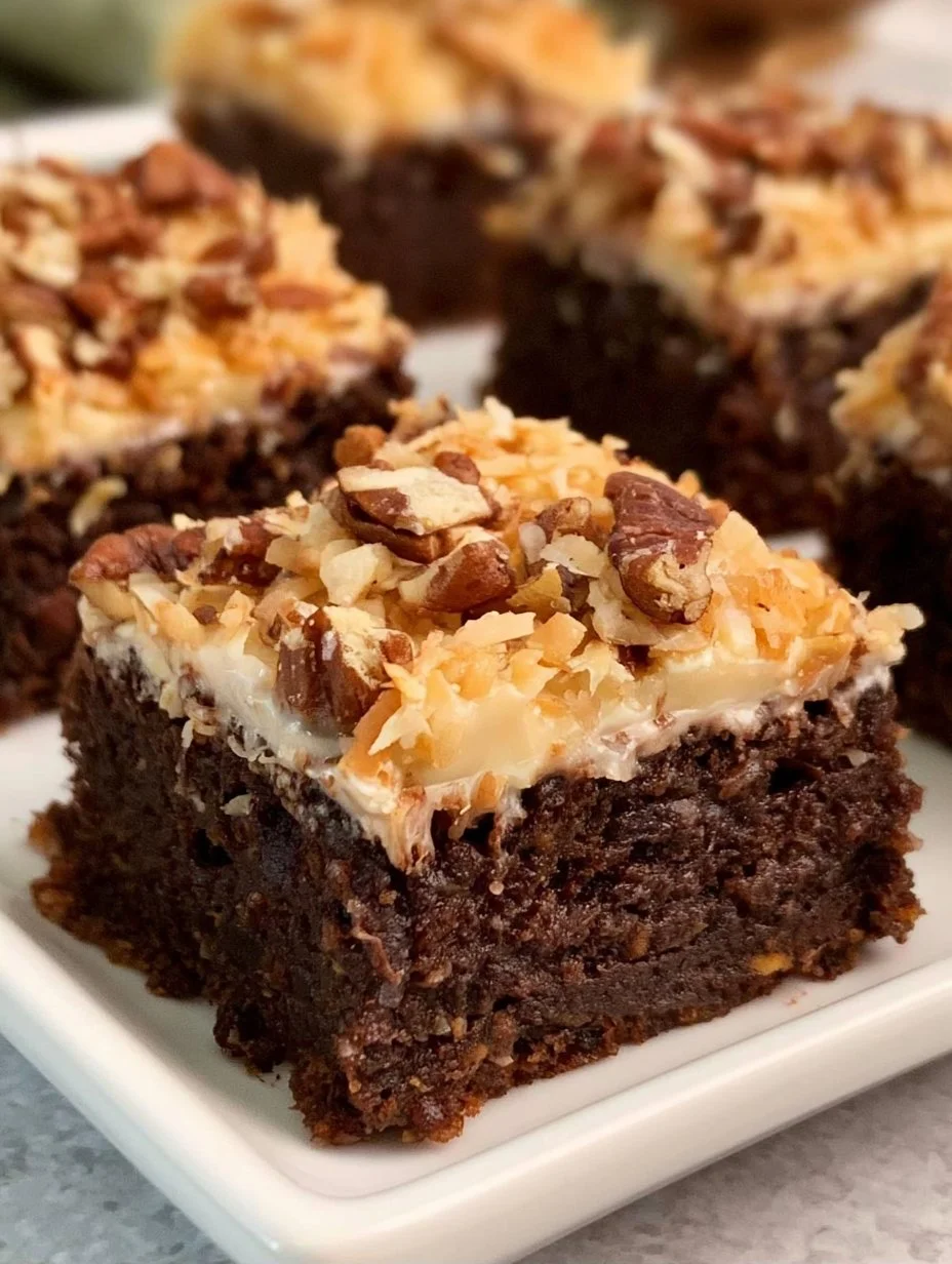 Fudgy brownies topped with coconut pecan frosting on a wooden table.