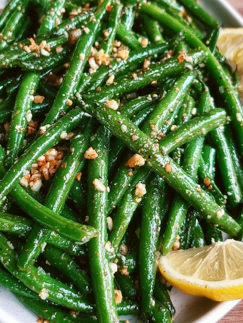 Plate of flavorful garlic green beans garnished with herbs
