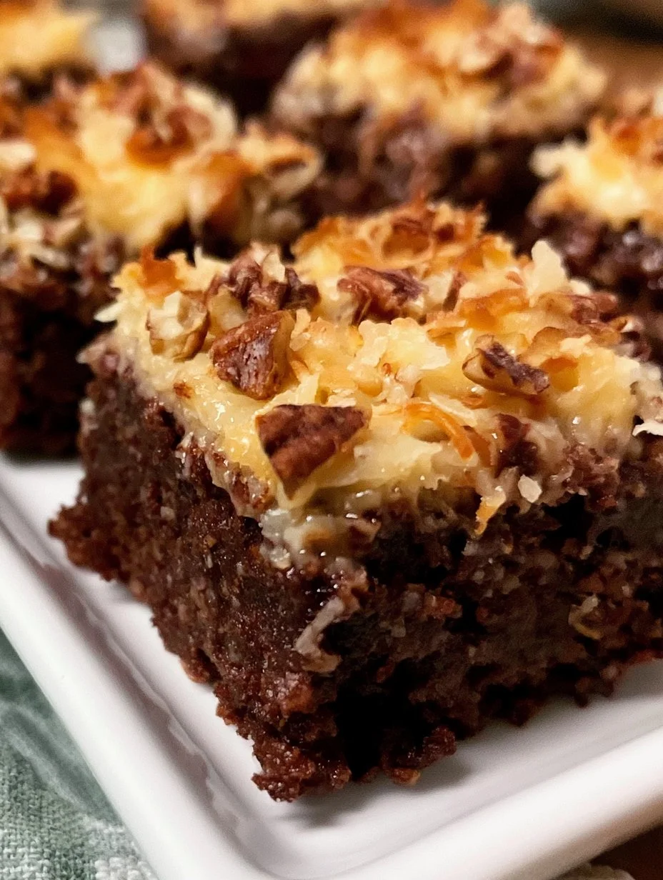 Delicious homemade German Chocolate Brownies topped with coconut and nuts.