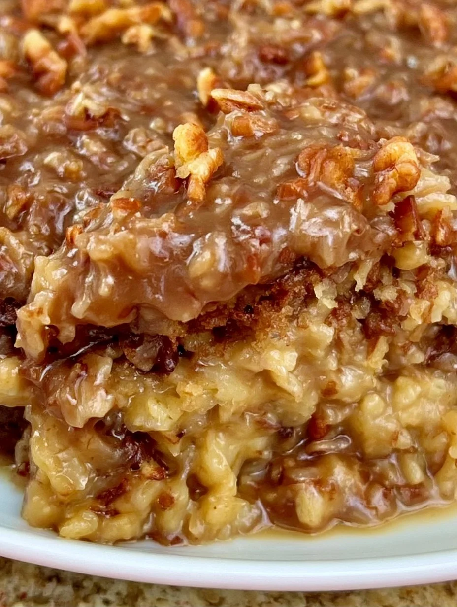 Delicious German Chocolate Cake with rich coconut and pecan frosting