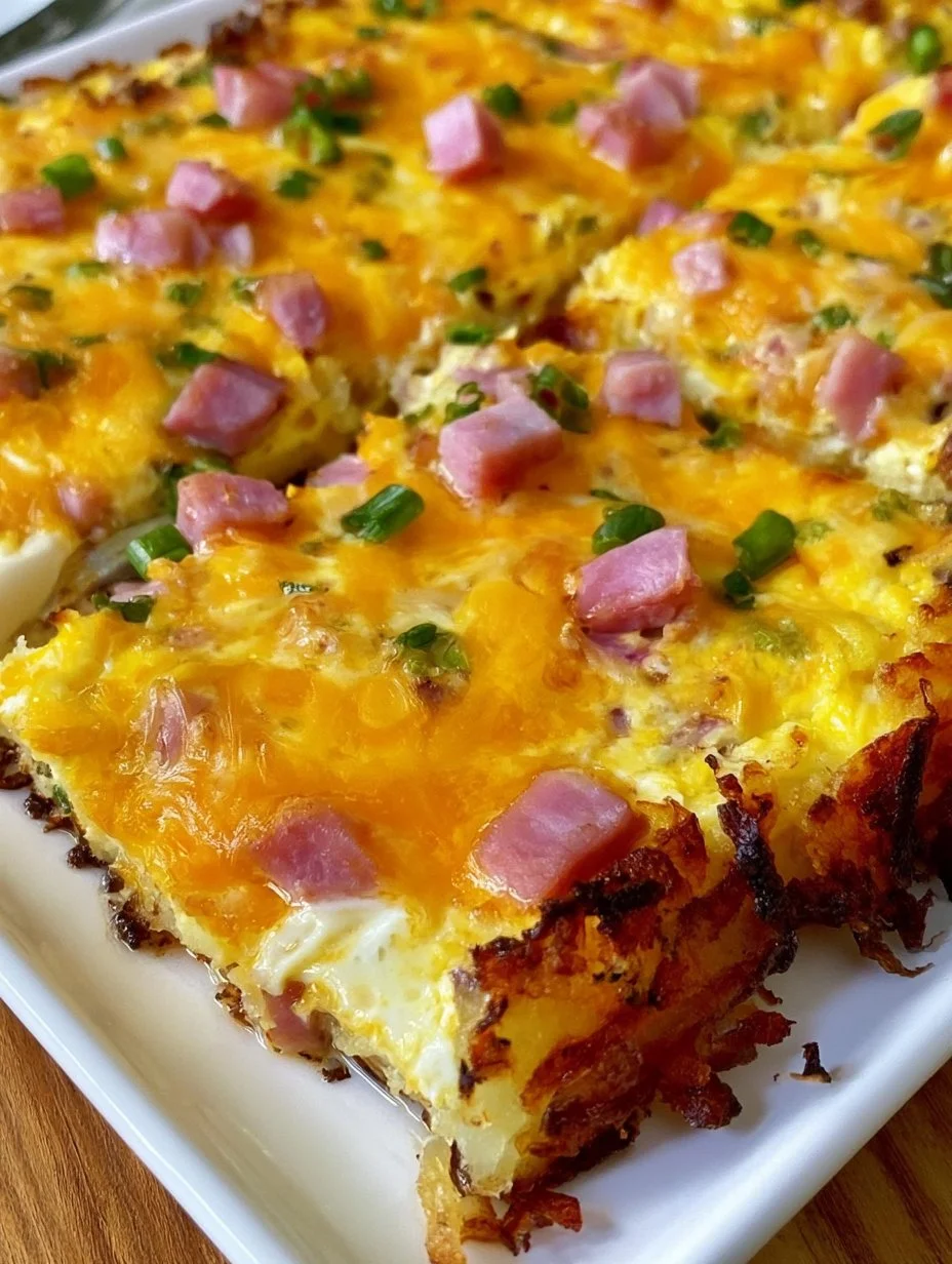 Delicious hash brown egg casserole served on a white plate with fresh herbs