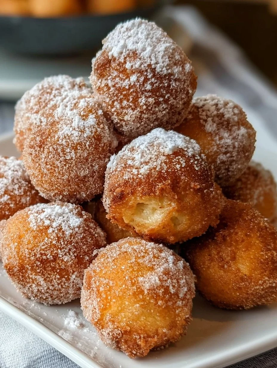 A plate of homemade donut holes dusted with powdered sugar.