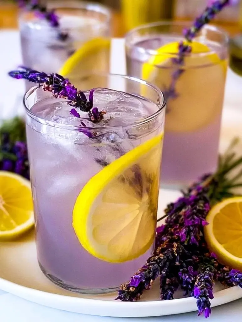 A refreshing glass of lavender lemonade garnished with lavender sprigs and lemon slices.