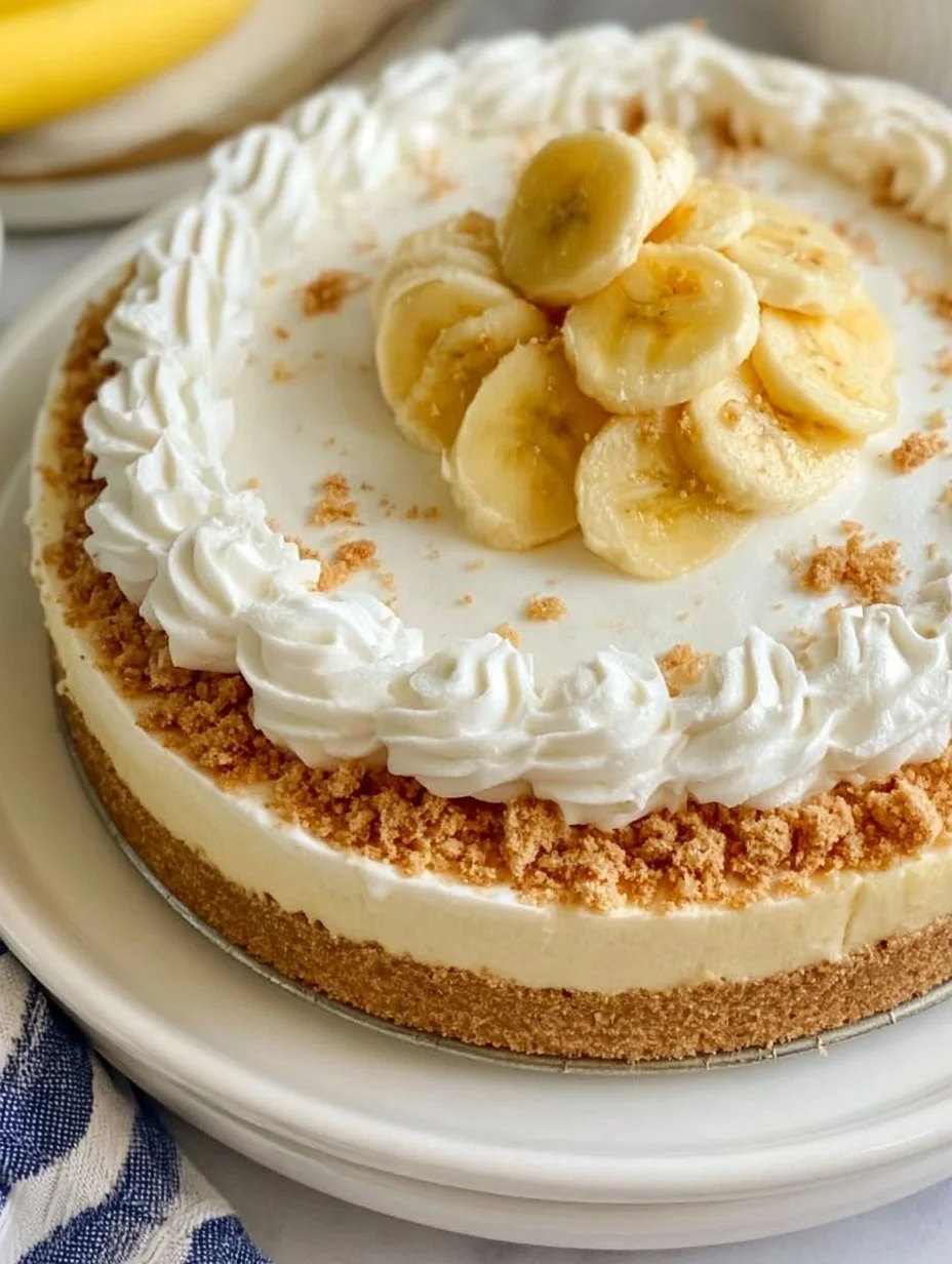 Delicious no bake banana pudding cheesecake topped with whipped cream and banana slices.