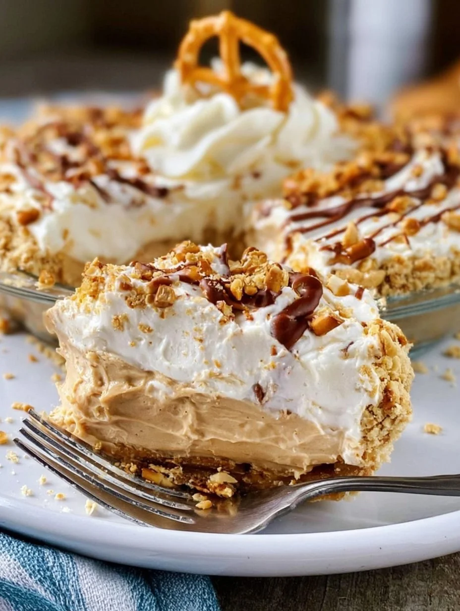 Creamy no bake pretzel peanut butter pudding pie with a crunchy crust