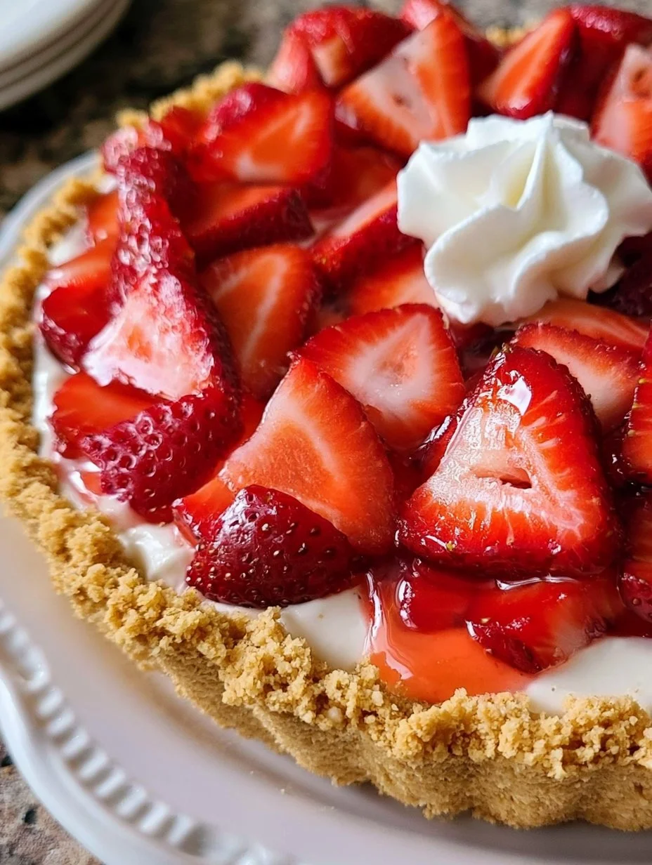 No Bake Strawberry Cream Pie topped with fresh strawberries and whipped cream