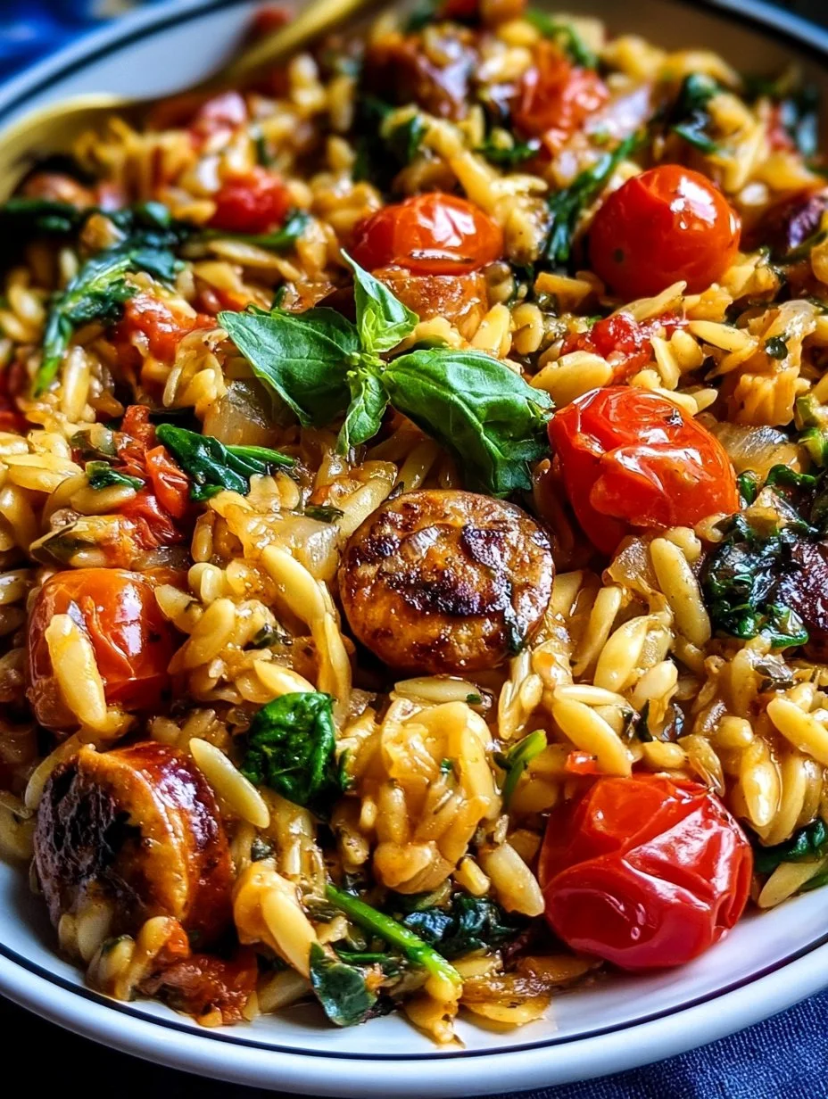 One Pan Chicken Sausage Orzo with Burst Tomatoes