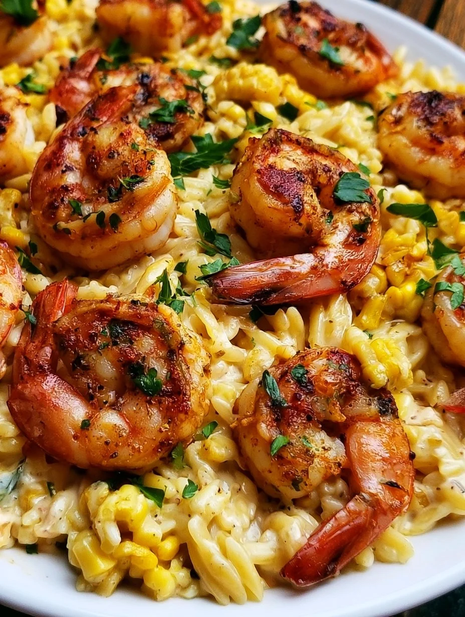 One pan creamed corn orzo topped with Cajun shrimp for a flavorful dish.