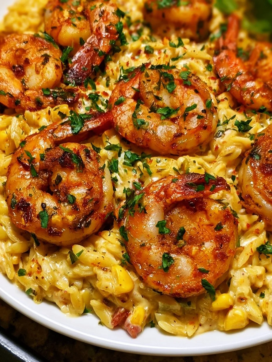 One Pan Creamed Corn Orzo with Cajun Shrimp garnished with herbs