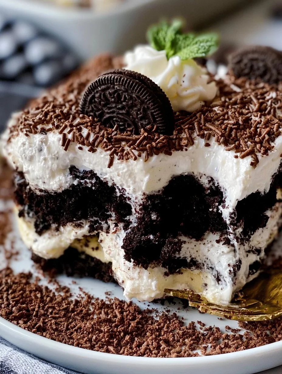 Delicious Oreo Lasagna dessert with layers of cream and crushed Oreos