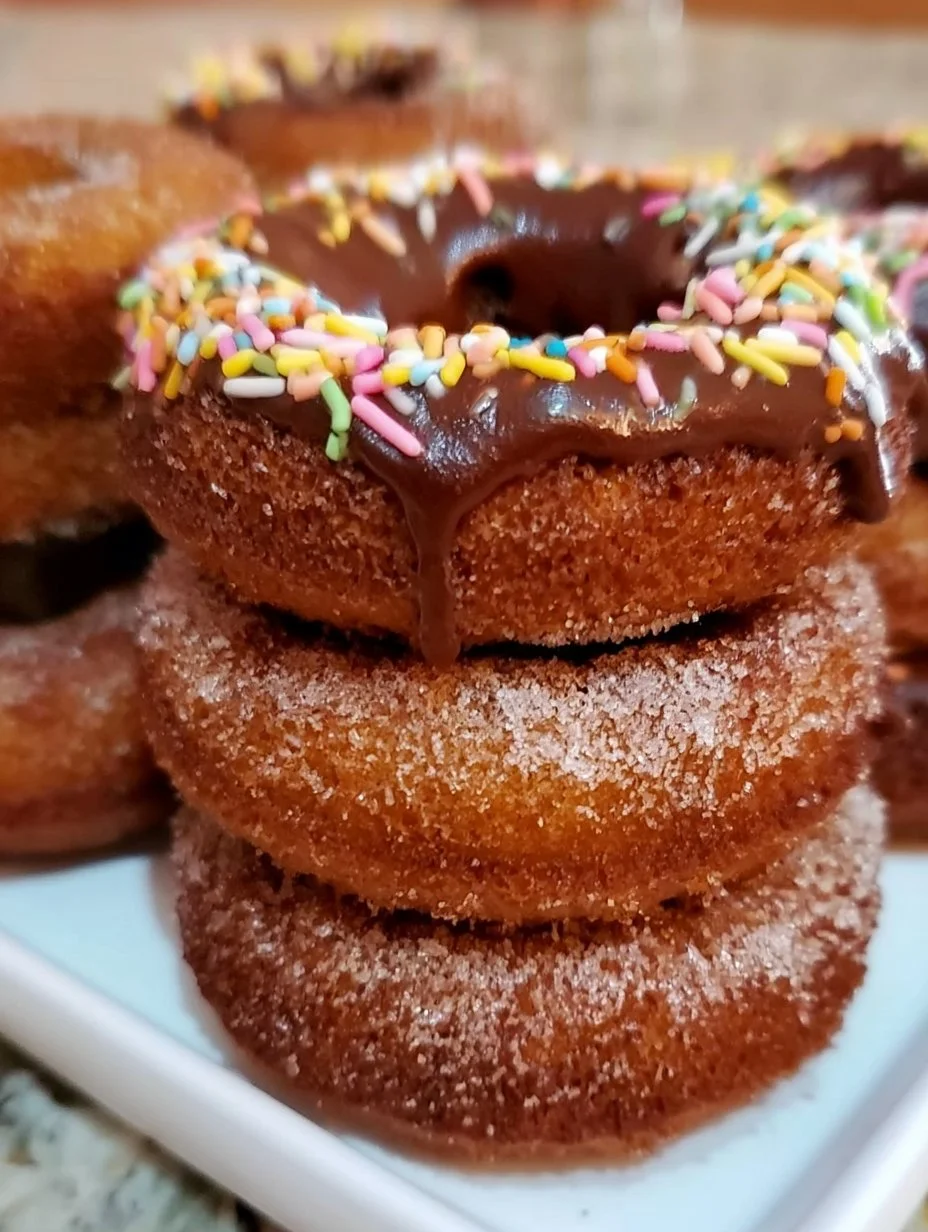 Plate of freshly baked oven donuts topped with colorful sprinkles