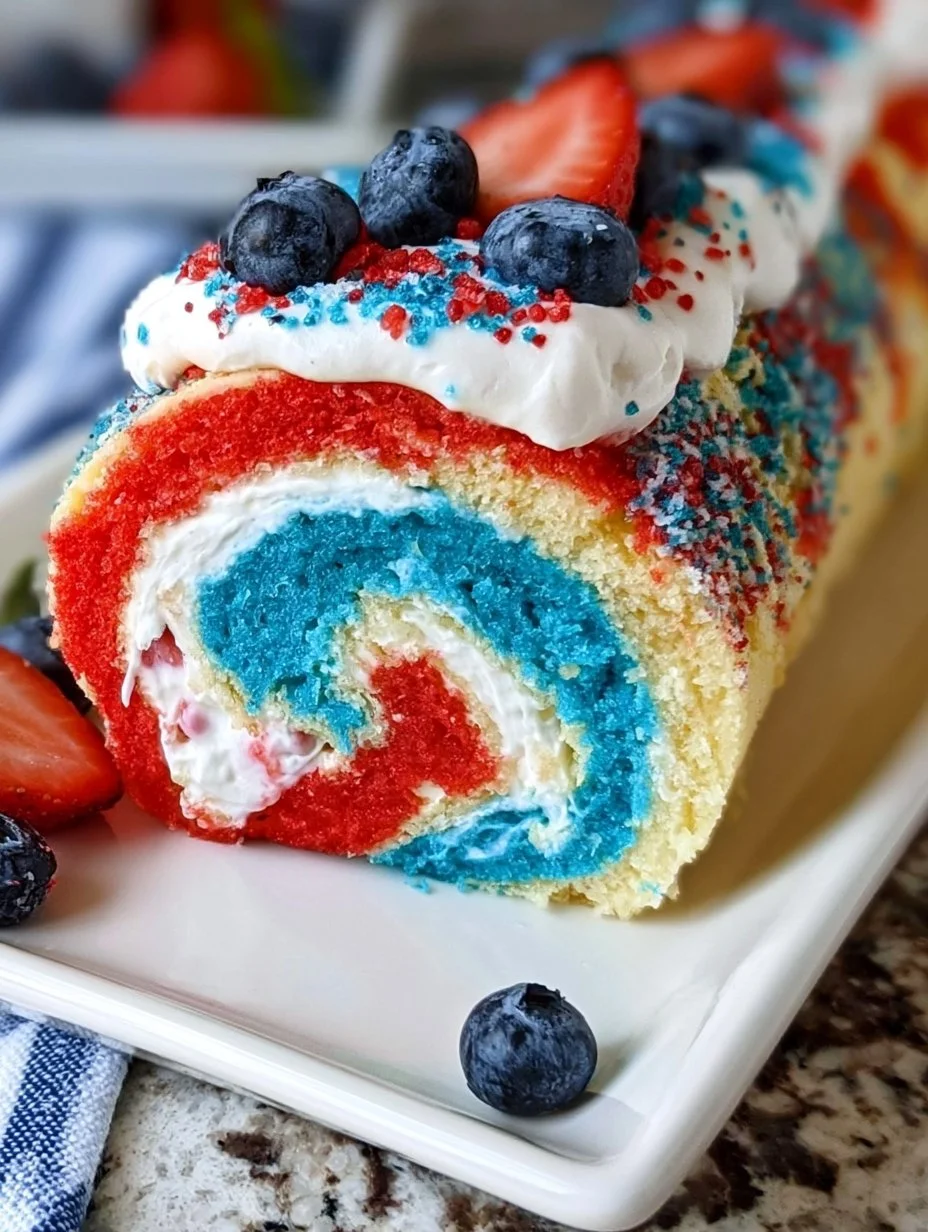 Patriotic Jelly Roll Cake decorated with red, white, and blue cream and berries