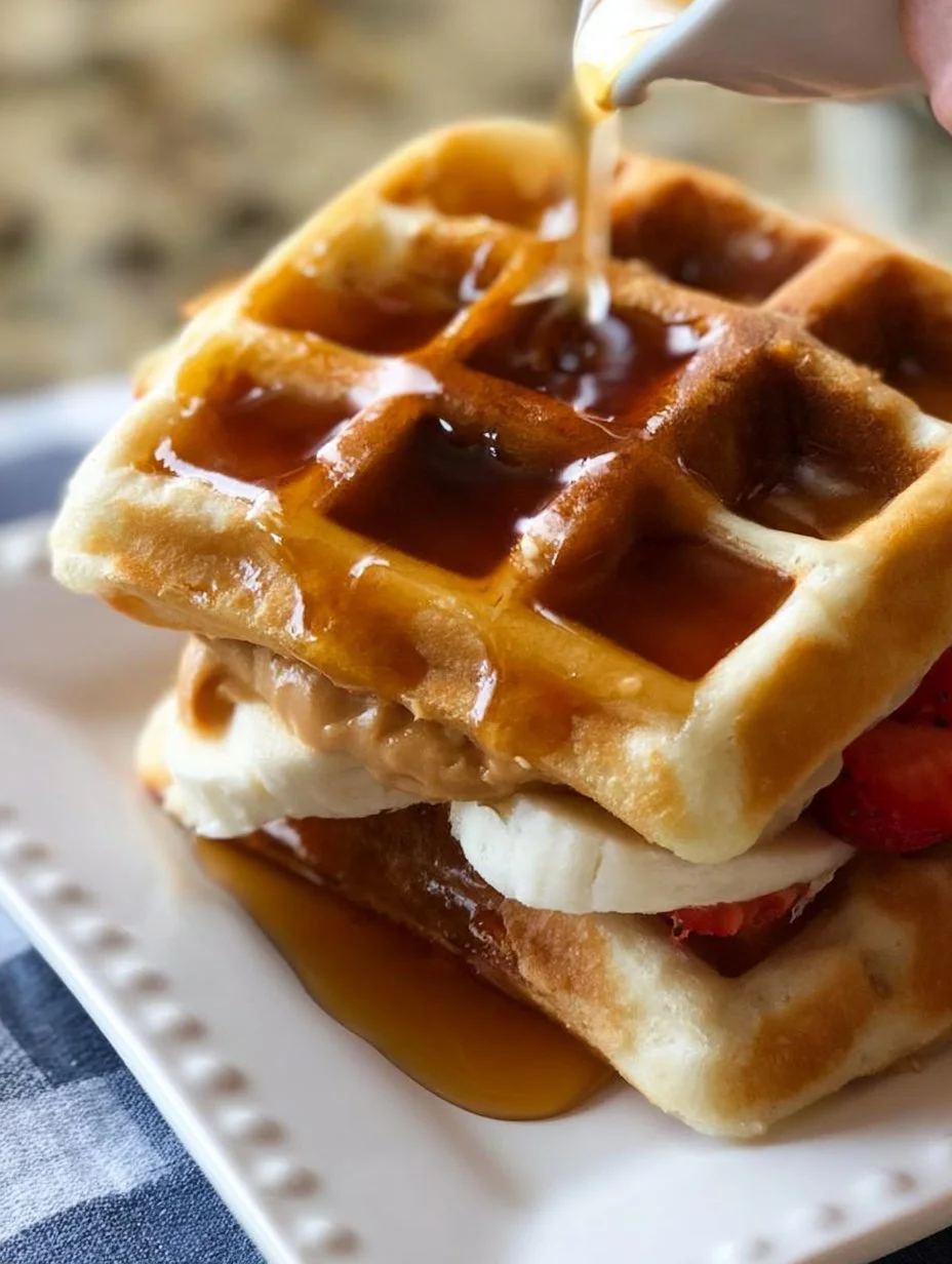 Delicious peanut butter waffle sandwich served on a plate with fresh toppings