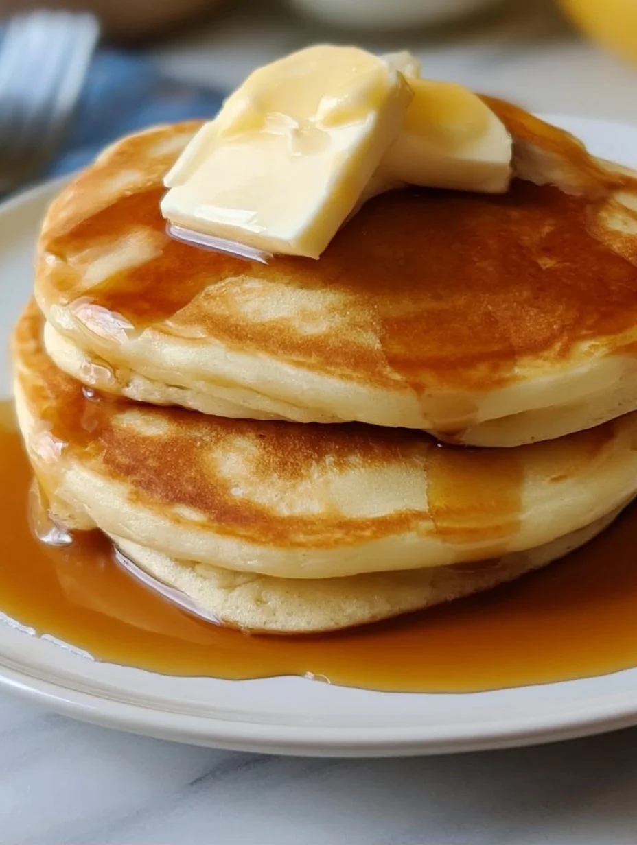 Fluffy quick and easy pancakes stacked with syrup and berries