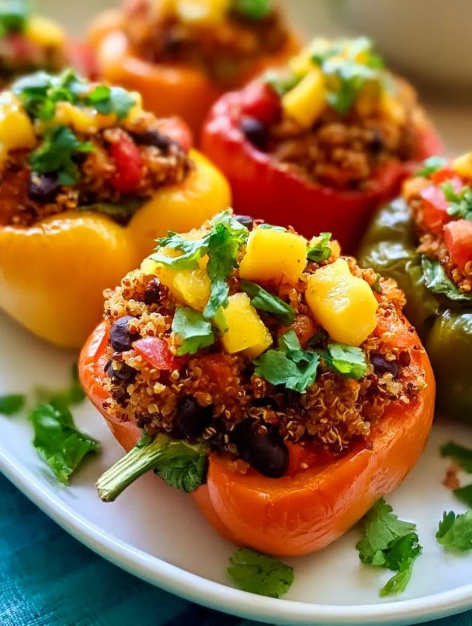 Colorful quinoa stuffed peppers filled with vegetables and spices